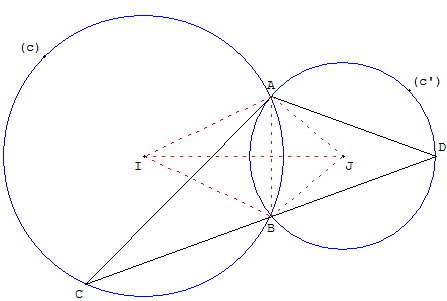 Triangle inscrit dans deux cercles sécants